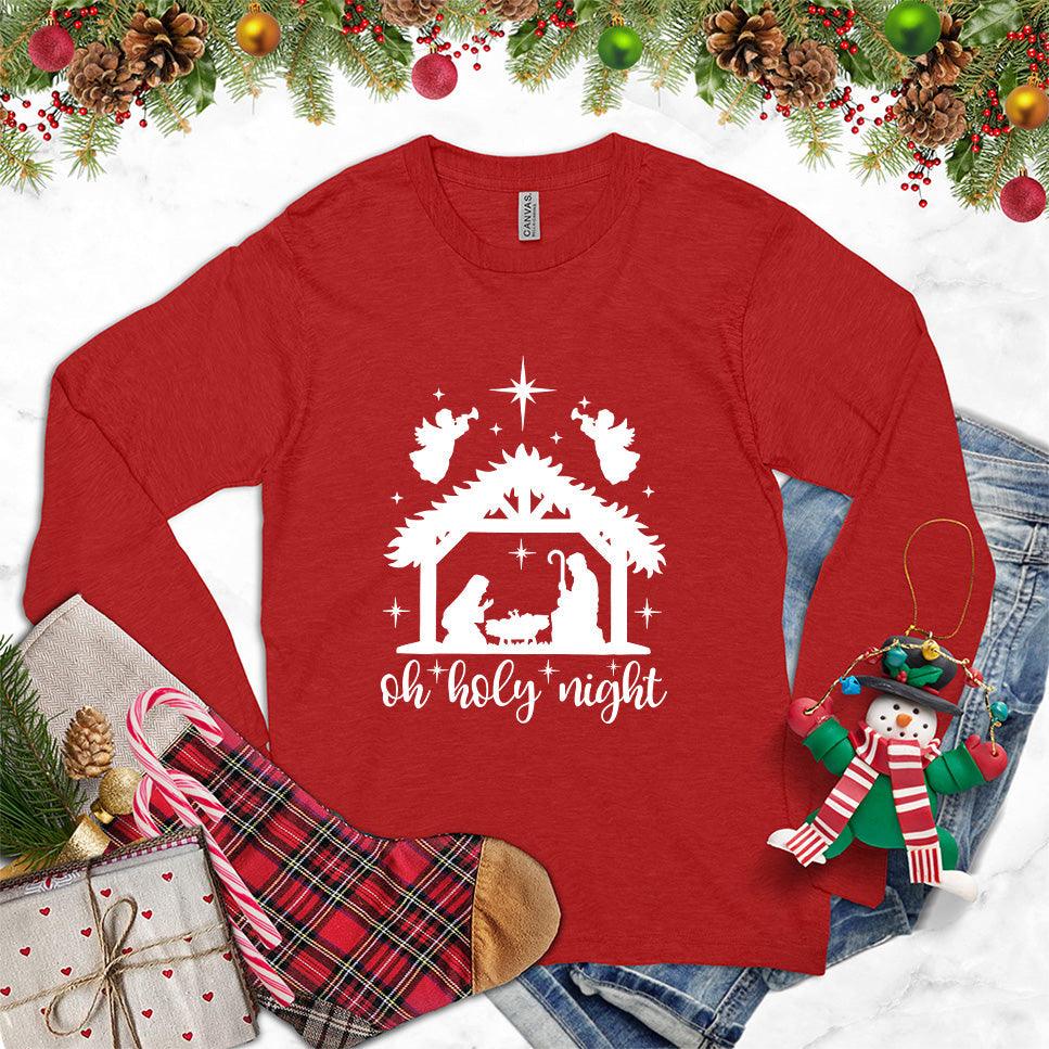 Oh Holy Night Long Sleeves Red - Festive long sleeve shirt with Oh Holy Night nativity and reindeer design