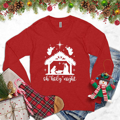 Oh Holy Night Long Sleeves Red - Festive long sleeve shirt with Oh Holy Night nativity and reindeer design