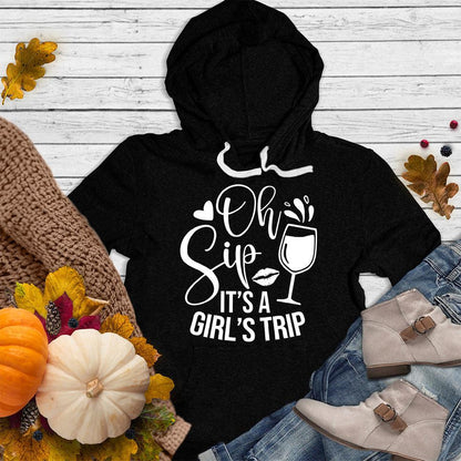 Oh Sip It's A Girl's Trip Hoodie Black - Whimsical hoodie with playful girl's trip quote, perfect for travel and friendship celebrations.
