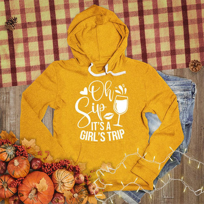 Oh Sip It's A Girl's Trip Hoodie Heather Mustard - Whimsical hoodie with playful girl's trip quote, perfect for travel and friendship celebrations.