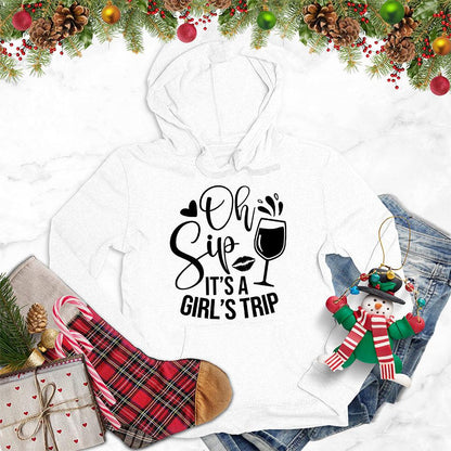 Oh Sip It's A Girl's Trip Hoodie White - Whimsical hoodie with playful girl's trip quote, perfect for travel and friendship celebrations.