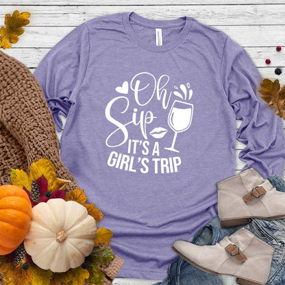 Oh Sip It's A Girl's Trip Long Sleeves Dark Lavender - Long sleeve shirt with 'Oh Sip It's A Girl's Trip' text and wine glass design, perfect for group travel and bonding.
