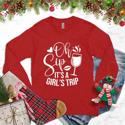Oh Sip It's A Girl's Trip Long Sleeves Red - Long sleeve shirt with 'Oh Sip It's A Girl's Trip' text and wine glass design, perfect for group travel and bonding.