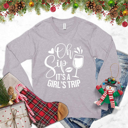 Oh Sip It's A Girl's Trip Long Sleeves Storm - Long sleeve shirt with 'Oh Sip It's A Girl's Trip' text and wine glass design, perfect for group travel and bonding.