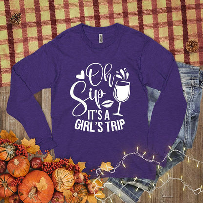 Oh Sip It's A Girl's Trip Long Sleeves Team Purple - Long sleeve shirt with 'Oh Sip It's A Girl's Trip' text and wine glass design, perfect for group travel and bonding.