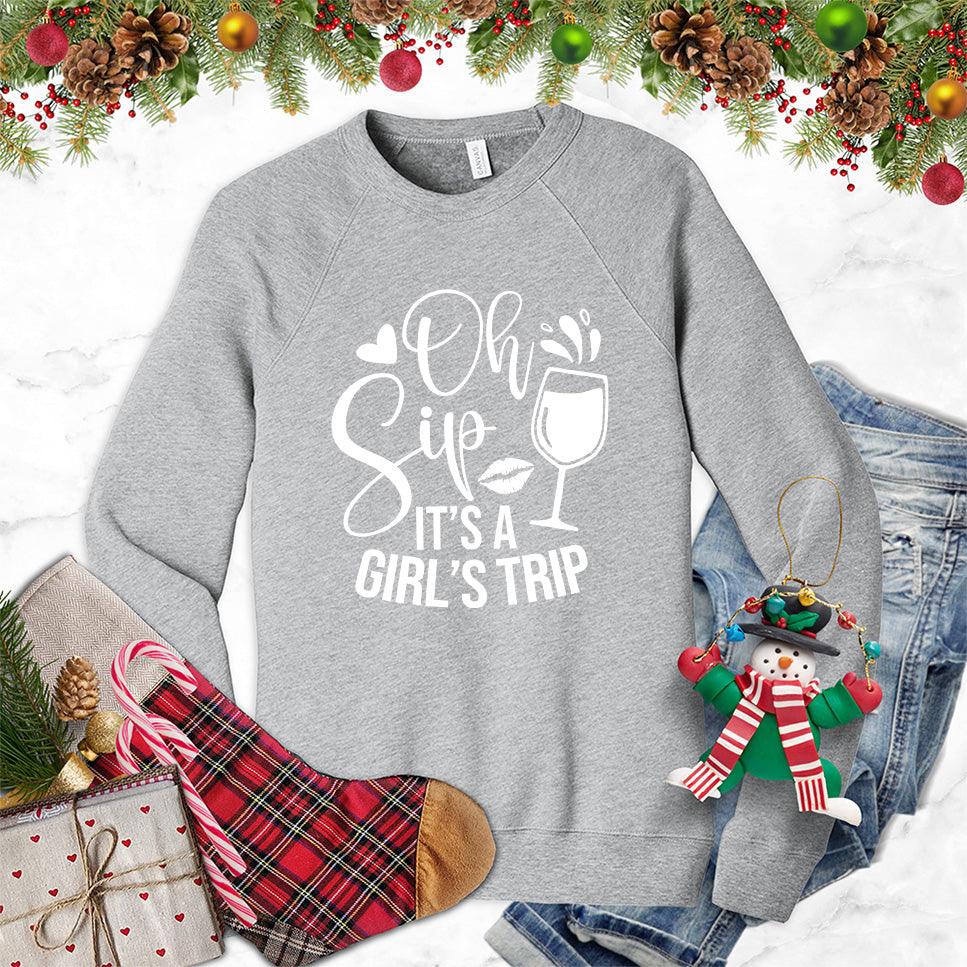 Oh Sip It's A Girl's Trip Sweatshirt Athletic Heather - Graphic sweatshirt featuring fun text "Oh Sip It's A Girl's Trip" and wine glass design.