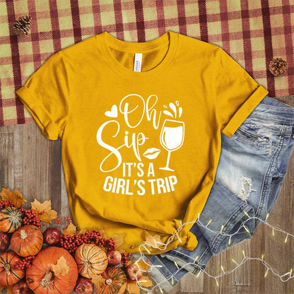 Oh Sip It's A Girl's Trip T-Shirt Heather Mustard - Friendly 'Oh Sip It's A Girl's Trip' T-Shirt for group travel and outings