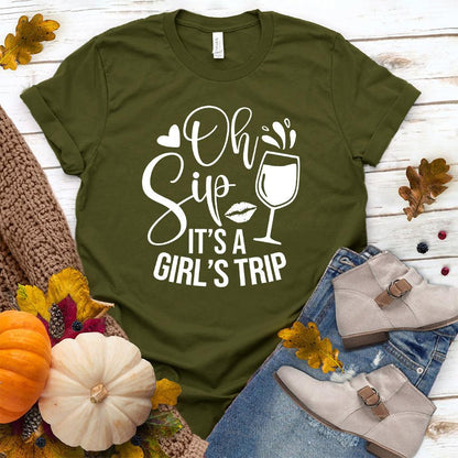 Oh Sip It's A Girl's Trip T-Shirt Olive - Friendly 'Oh Sip It's A Girl's Trip' T-Shirt for group travel and outings