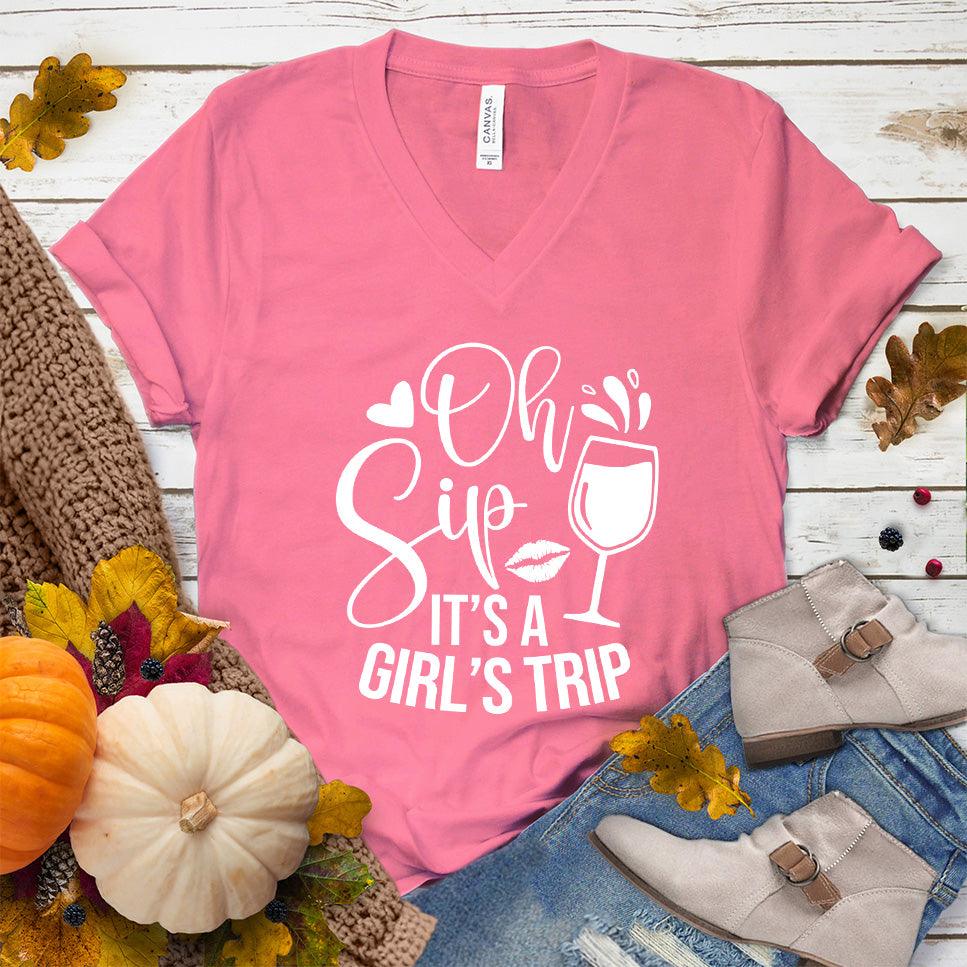 Oh Sip It's A Girl's Trip V-Neck Neon Pink - Oh Sip It's A Girl's Trip v-neck tee with whimsical design and wine glass graphic