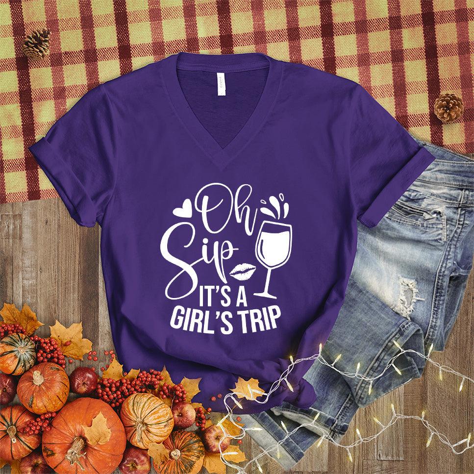 Oh Sip It's A Girl's Trip V-Neck Team Purple - Oh Sip It's A Girl's Trip v-neck tee with whimsical design and wine glass graphic