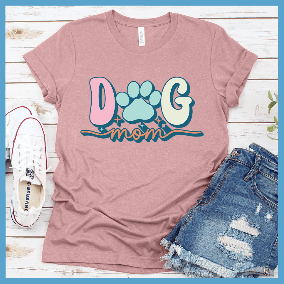 Dog Mom Colored Print T-Shirt Orchid - Chic 'Dog Mom' graphic t-shirt with paw design, perfect for canine lovers
