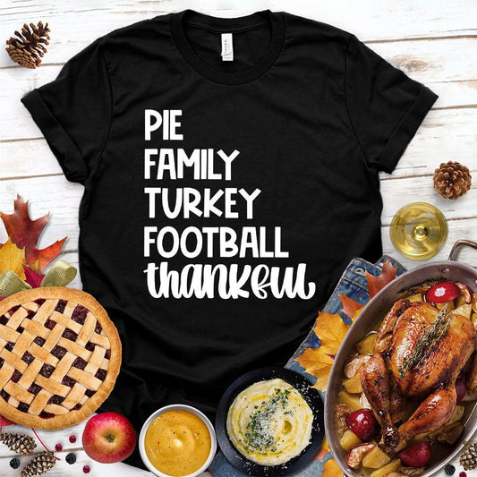 Pie Family Turkey Football Thankful T-Shirt Black - Festive Thanksgiving-themed t-shirt with fun family holiday graphics