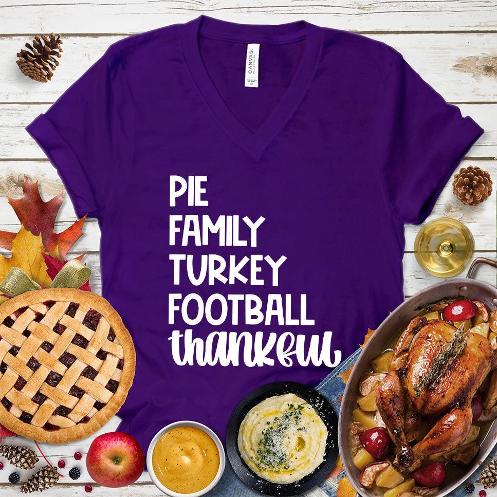 Pie Family Turkey Football Thankful V-Neck Team Purple - Thanksgiving themed V-neck tee with 'Pie Family Turkey Football Thankful' print