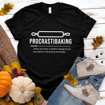 Procrastibaking T-Shirt Black - Witty Procrastibaking T-Shirt with humorous baking definition design, perfect for casual fashion and baking fans.
