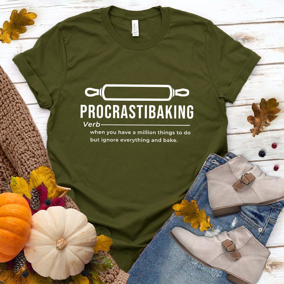 Procrastibaking T-Shirt Olive - Witty Procrastibaking T-Shirt with humorous baking definition design, perfect for casual fashion and baking fans.