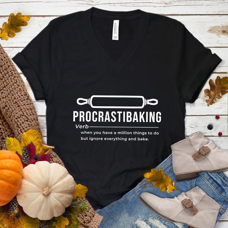Procrastibaking V-Neck Black - Humorous Procrastibaking V-Neck T-Shirt for baking enthusiasts.