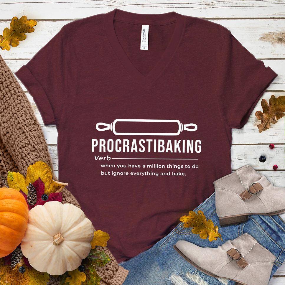 Procrastibaking V-Neck Heather Cardinal - Humorous Procrastibaking V-Neck T-Shirt for baking enthusiasts.