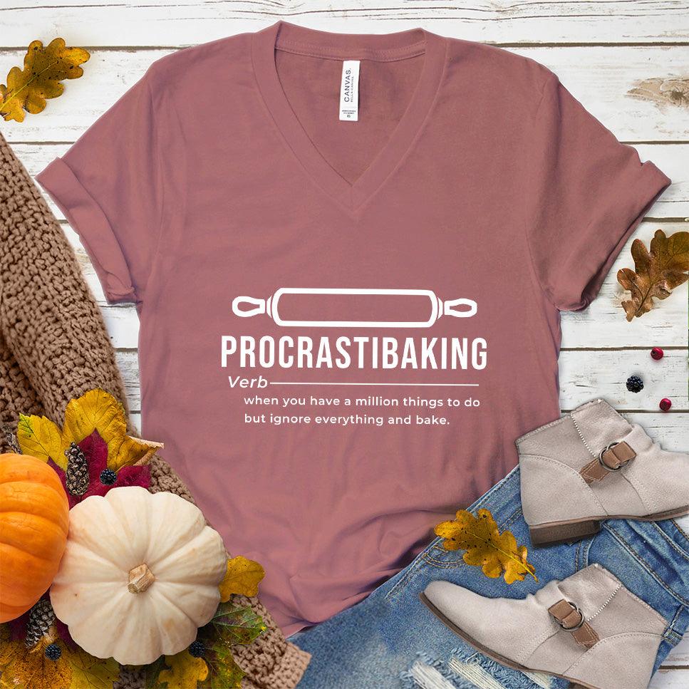 Procrastibaking V-Neck Mauve - Humorous Procrastibaking V-Neck T-Shirt for baking enthusiasts.