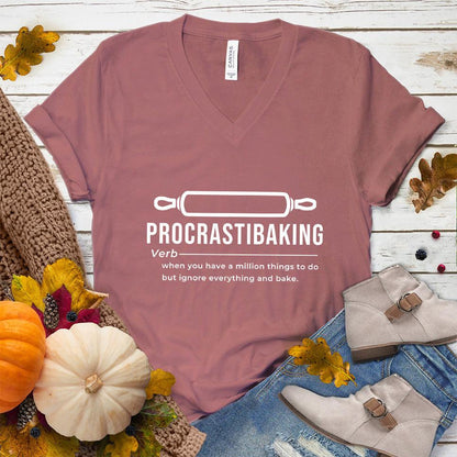 Procrastibaking V-Neck Mauve - Humorous Procrastibaking V-Neck T-Shirt for baking enthusiasts.