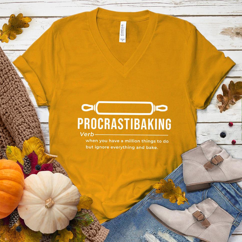 Procrastibaking V-Neck Mustard - Humorous Procrastibaking V-Neck T-Shirt for baking enthusiasts.