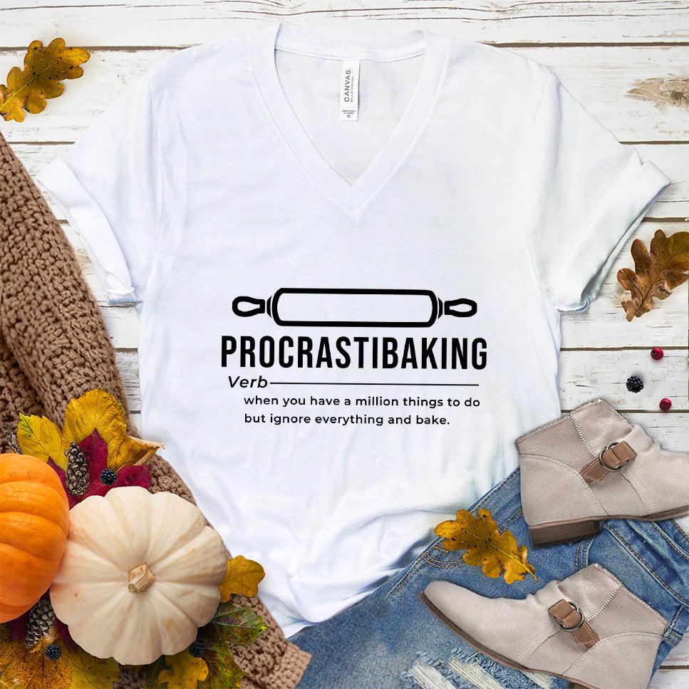 Procrastibaking V-Neck White - Humorous Procrastibaking V-Neck T-Shirt for baking enthusiasts.