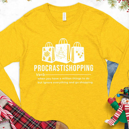 Procrastishopping Version 3 Long Sleeves Gold - Graphic long sleeve tee with whimsical procrastishopping text and shopping bag design