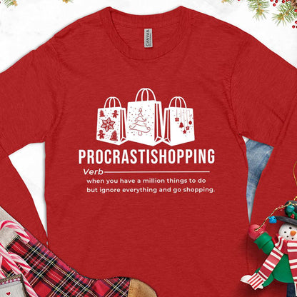 Procrastishopping Version 3 Long Sleeves Red - Graphic long sleeve tee with whimsical procrastishopping text and shopping bag design