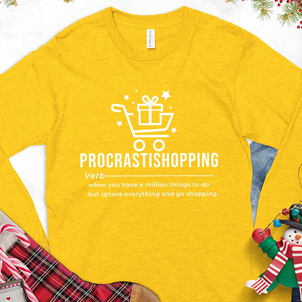 Procrastishopping Version 4 Long Sleeves Gold - Whimsical long-sleeve tee with "Procrastishopping" definition graphic, perfect for casual wear.