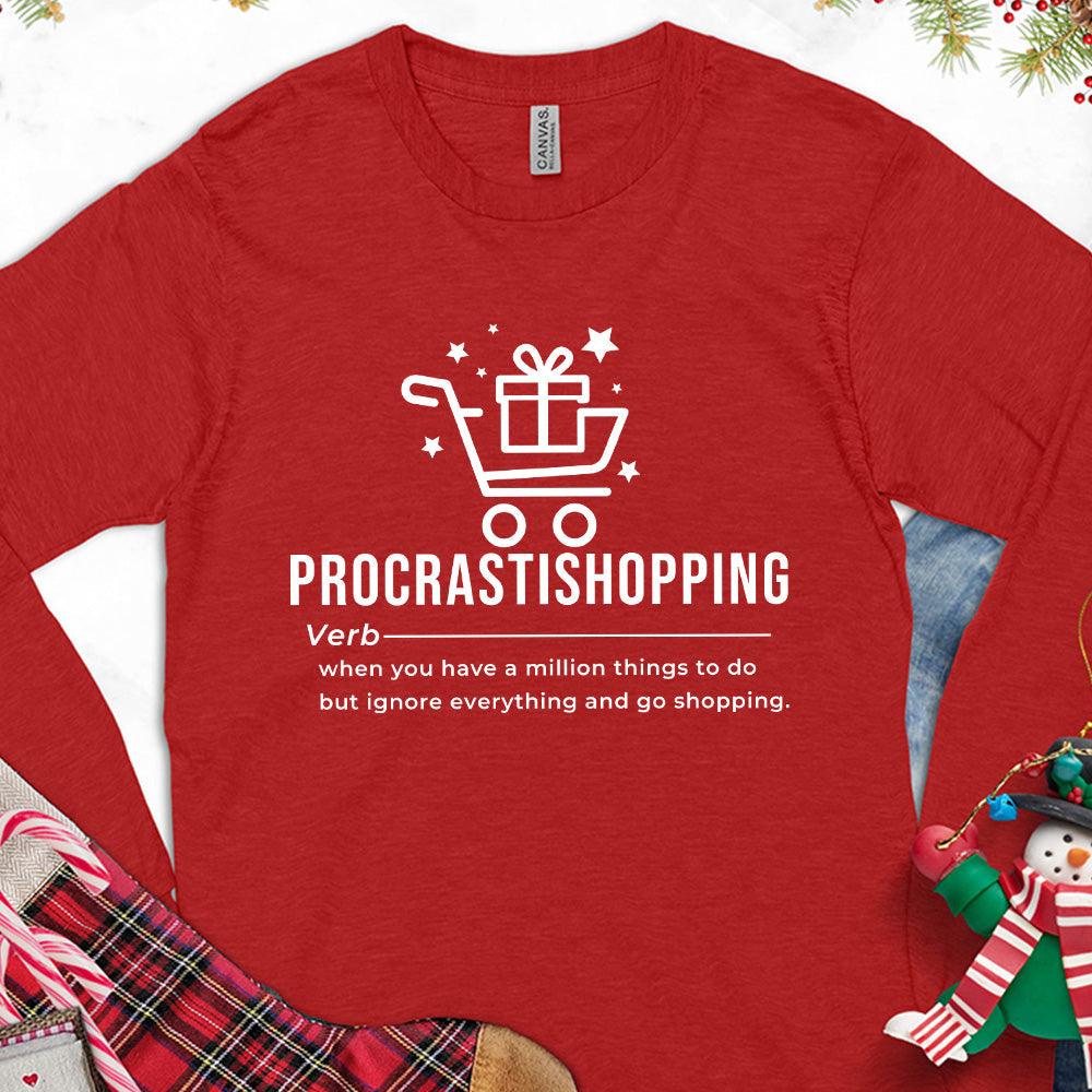 Procrastishopping Version 4 Long Sleeves Red - Whimsical long-sleeve tee with "Procrastishopping" definition graphic, perfect for casual wear.