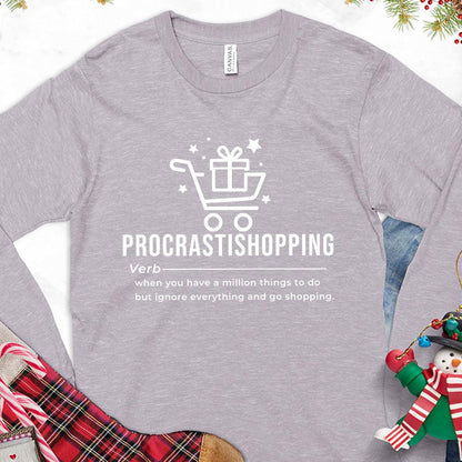 Procrastishopping Version 4 Long Sleeves Storm - Whimsical long-sleeve tee with "Procrastishopping" definition graphic, perfect for casual wear.
