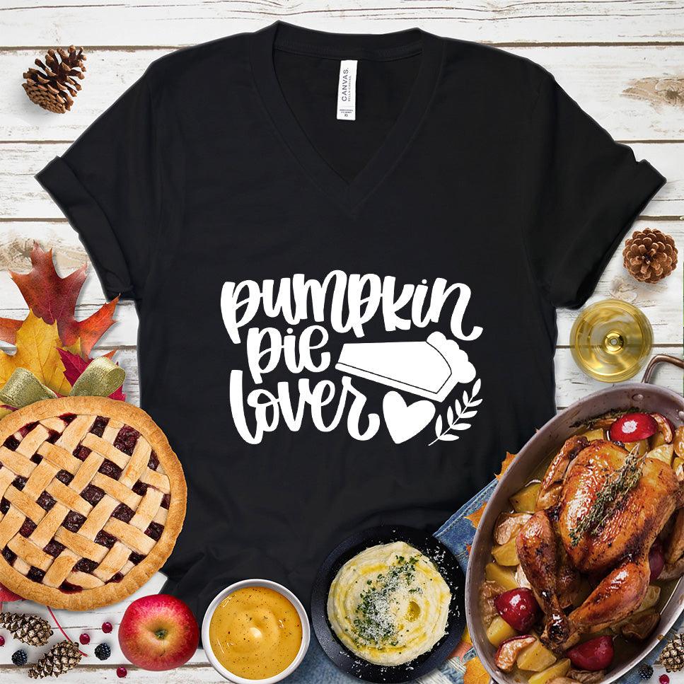 Pumpkin Pie Lover Version 2 V-Neck Black - Fun v-neck shirt with 'Pumpkin Pie Lover' script perfect for fall festivities