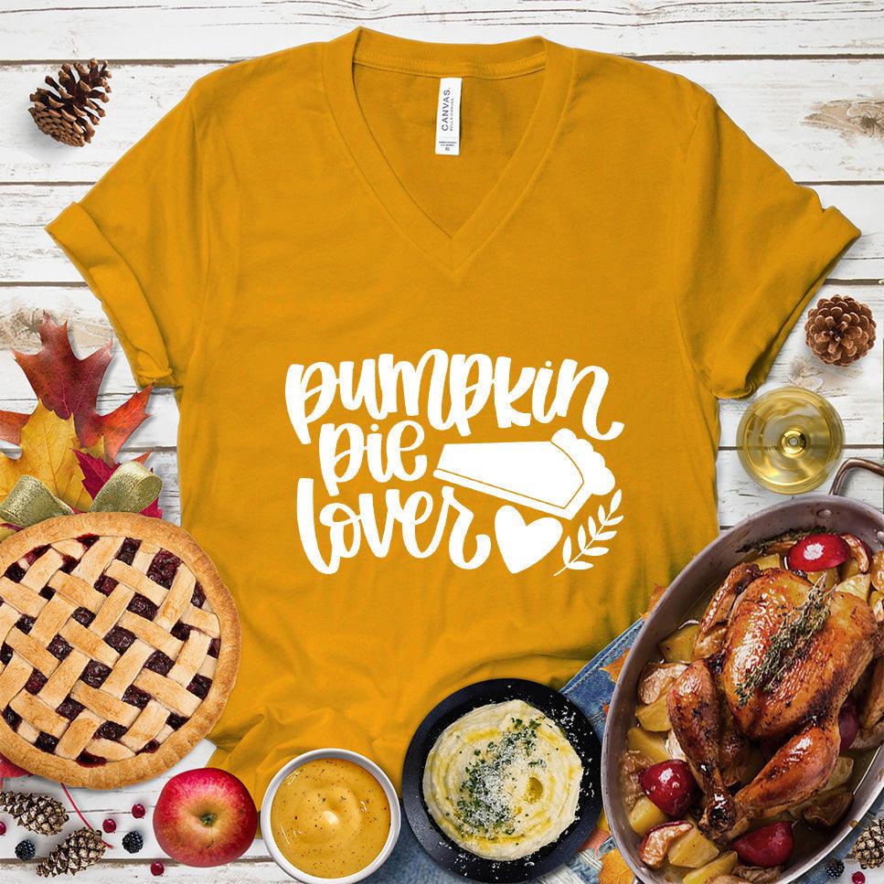 Pumpkin Pie Lover Version 2 V-Neck Mustard - Fun v-neck shirt with 'Pumpkin Pie Lover' script perfect for fall festivities