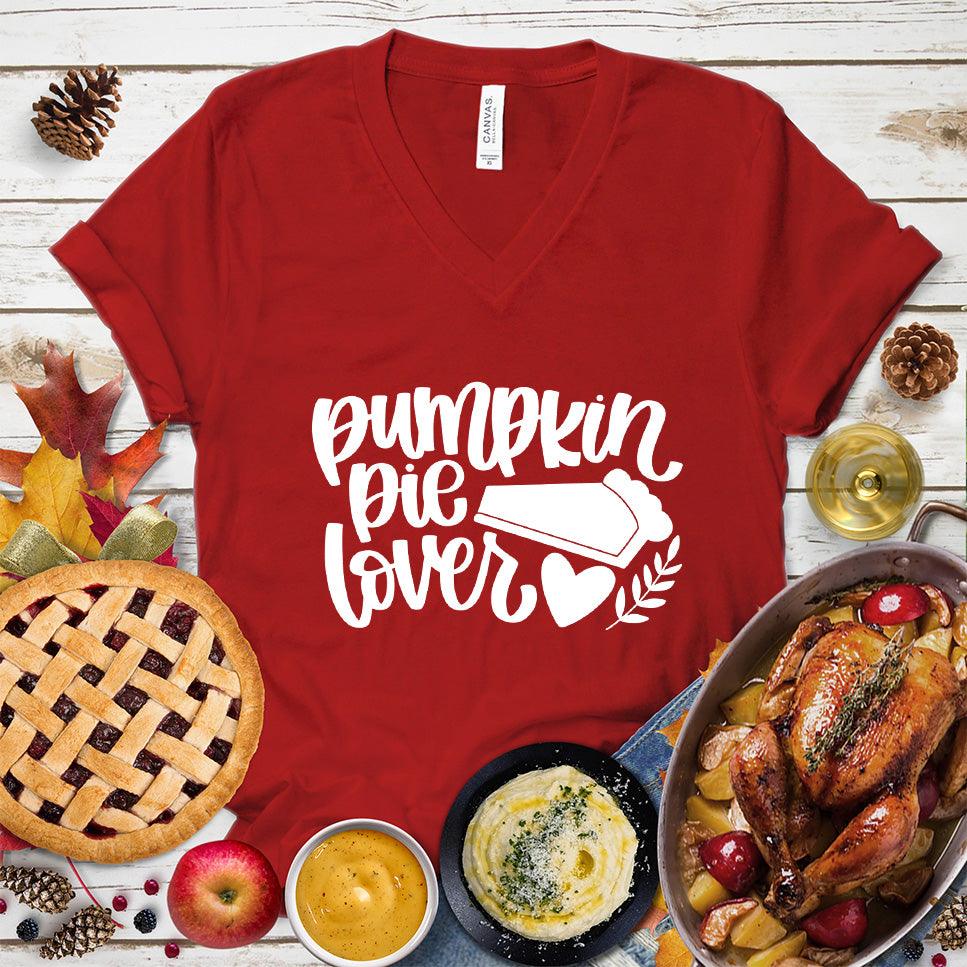 Pumpkin Pie Lover Version 2 V-Neck Red - Fun v-neck shirt with 'Pumpkin Pie Lover' script perfect for fall festivities