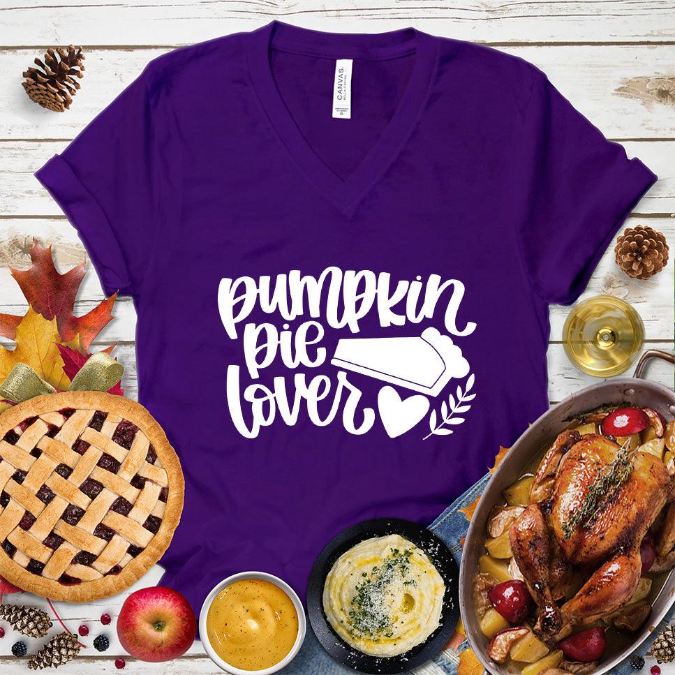 Pumpkin Pie Lover Version 2 V-Neck Team Purple - Fun v-neck shirt with 'Pumpkin Pie Lover' script perfect for fall festivities