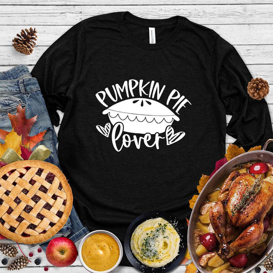 Pumpkin Pie Lover Long Sleeves Black - Illustrated graphic long sleeve shirt with pumpkin pie design, perfect for autumn enthusiasts.