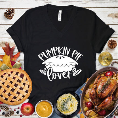 Pumpkin Pie Lover V-Neck Black - Pumpkin pie themed graphic design on casual V-neck T-shirt for pie lovers.