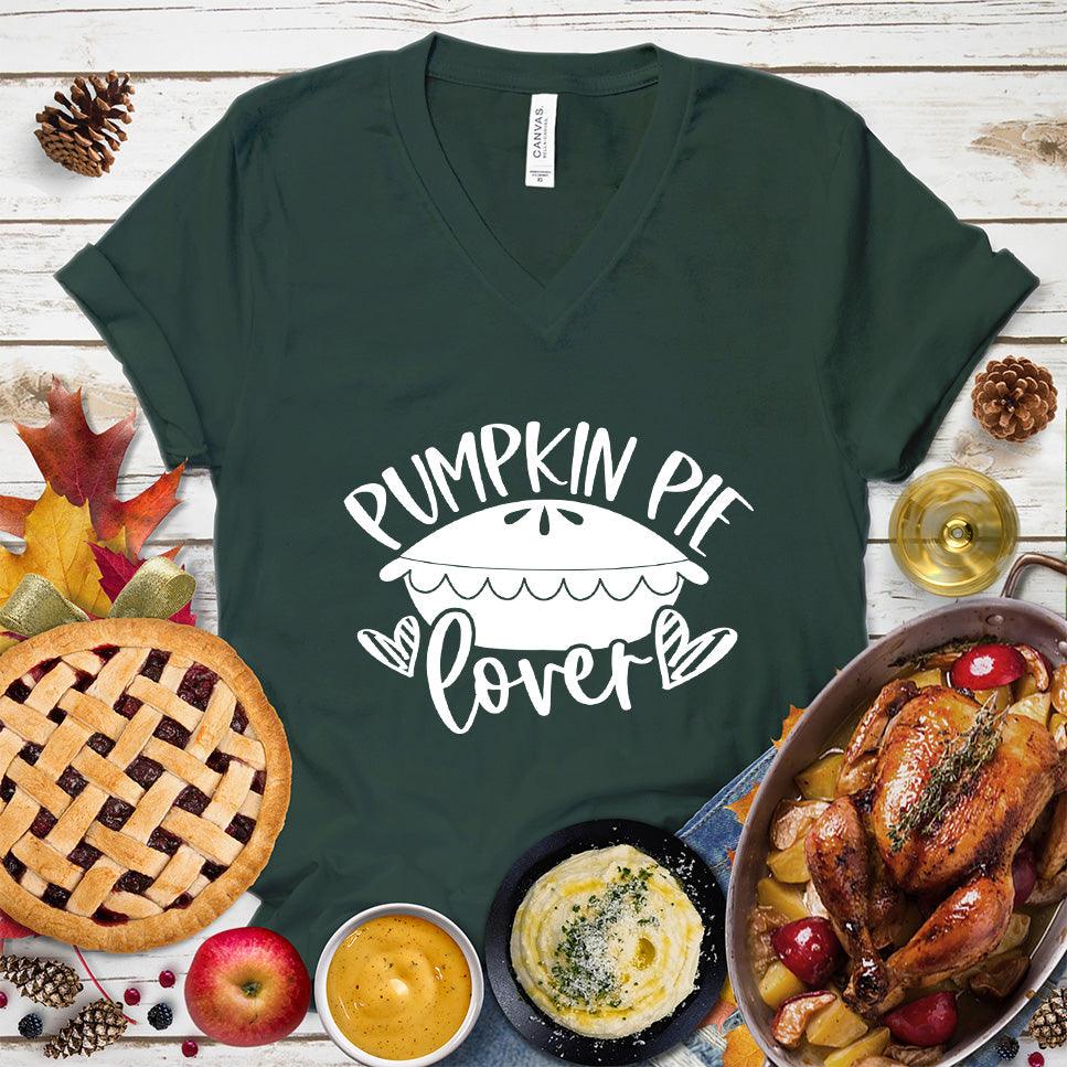 Pumpkin Pie Lover V-Neck Forest - Pumpkin pie themed graphic design on casual V-neck T-shirt for pie lovers.