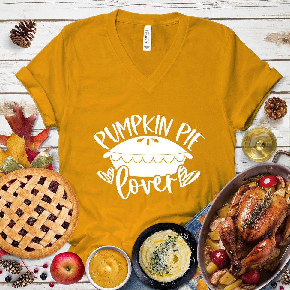 Pumpkin Pie Lover V-Neck Mustard - Pumpkin pie themed graphic design on casual V-neck T-shirt for pie lovers.
