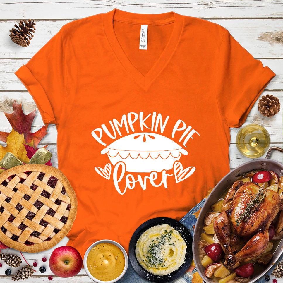 Pumpkin Pie Lover V-Neck Orange - Pumpkin pie themed graphic design on casual V-neck T-shirt for pie lovers.