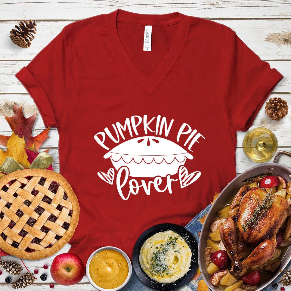 Pumpkin Pie Lover V-Neck Red - Pumpkin pie themed graphic design on casual V-neck T-shirt for pie lovers.