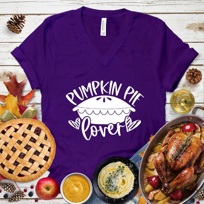 Pumpkin Pie Lover V-Neck Team Purple - Pumpkin pie themed graphic design on casual V-neck T-shirt for pie lovers.