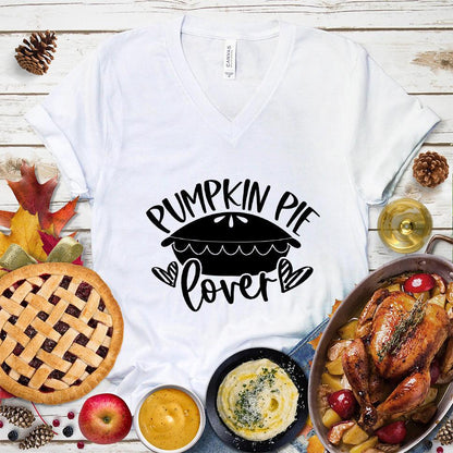 Pumpkin Pie Lover V-Neck White - Pumpkin pie themed graphic design on casual V-neck T-shirt for pie lovers.