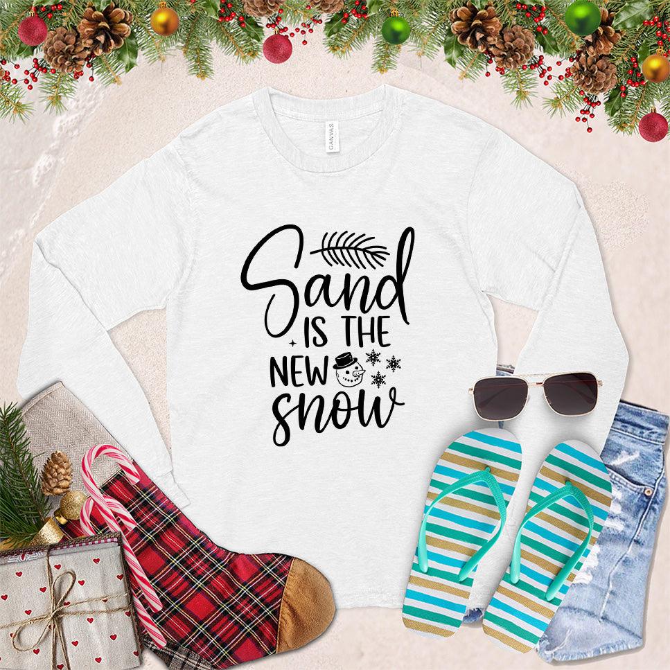 Sand Is The New Snow Long Sleeves White - Long sleeve tee with beachy winter design, featuring snowflakes and sand dollar motifs.