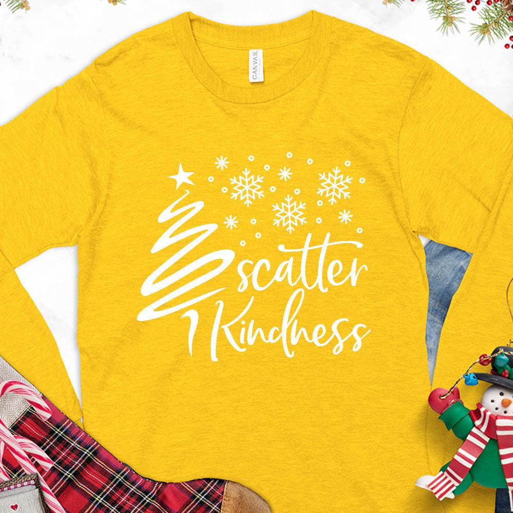 Scatter Kindness Christmas Edition Long Sleeves Gold - Festive long sleeve tee featuring 'Scatter Kindness' with Christmas tree and snowflakes design