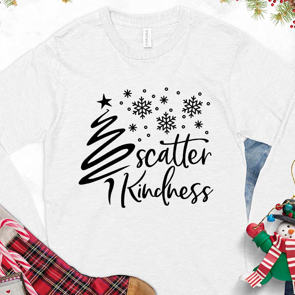 Scatter Kindness Christmas Edition Long Sleeves White - Festive long sleeve tee featuring 'Scatter Kindness' with Christmas tree and snowflakes design
