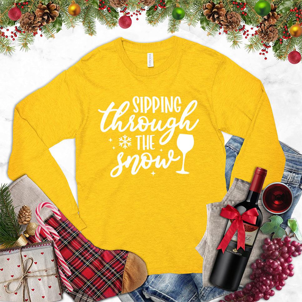 Sipping Through The Snow Long Sleeves Gold - Long sleeve shirt with playful wine and snowflake design for winter cheer
