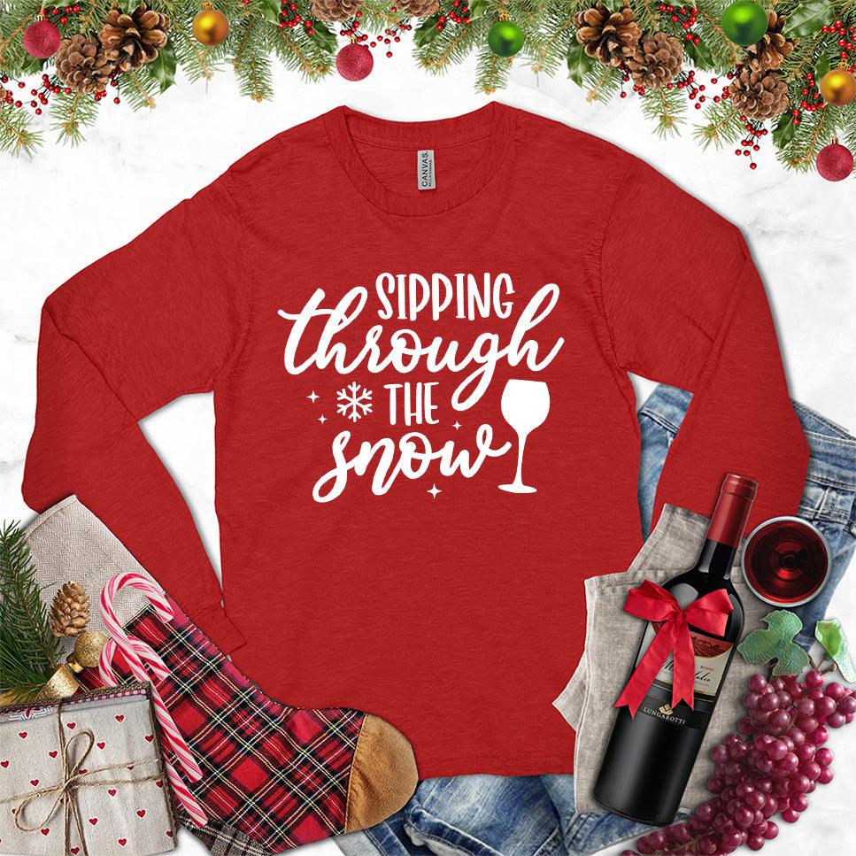 Sipping Through The Snow Long Sleeves Red - Long sleeve shirt with playful wine and snowflake design for winter cheer