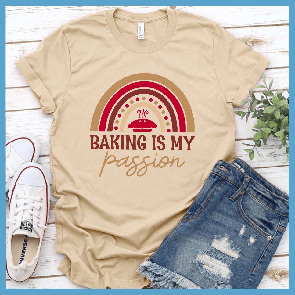 Baking Is My Passion T-Shirt Colored Edition Soft Cream - Graphic tee with 'Baking Is My Passion' text and colorful whisk design, perfect for culinary enthusiasts.
