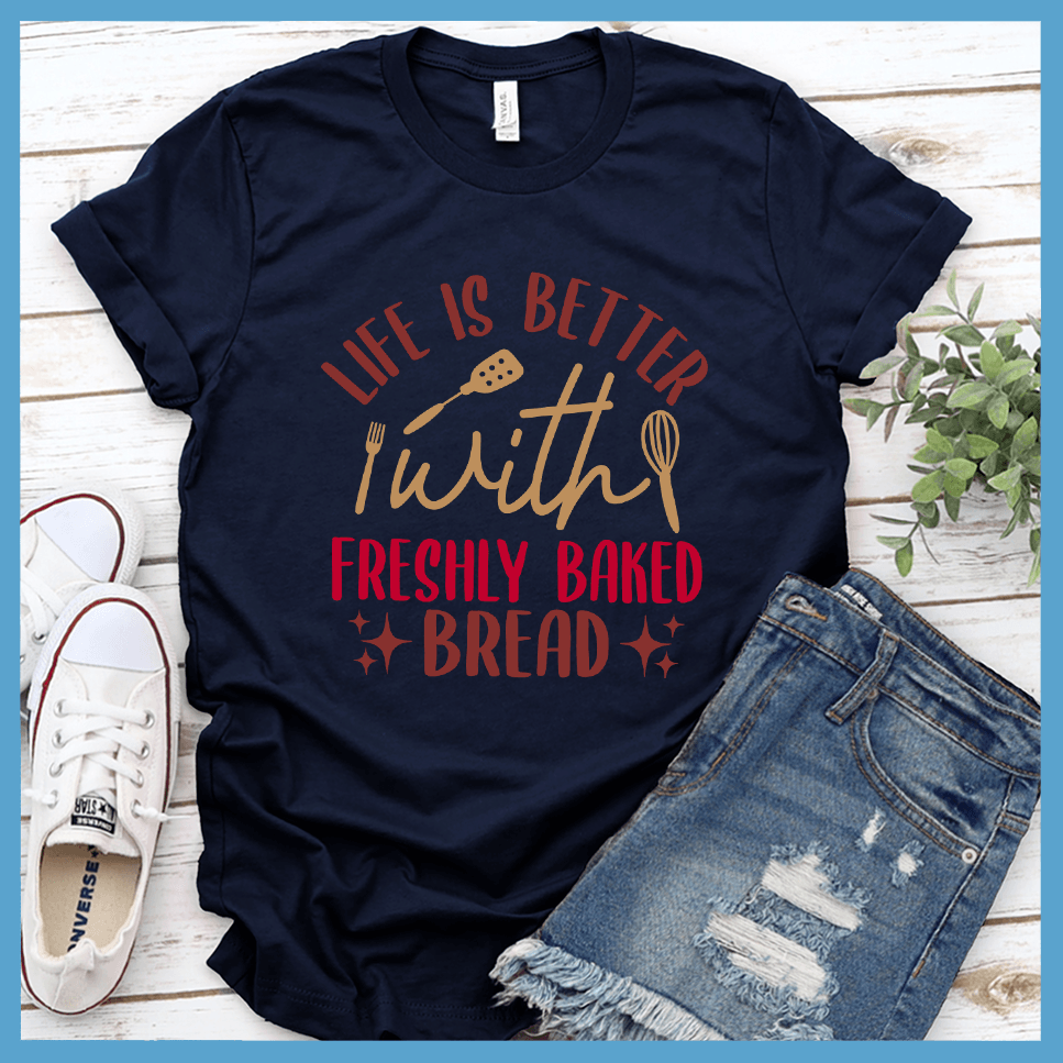 Life Is Better With Freshly Baked Bread T-Shirt Colored Edition Solid Navy Blend - Graphic tee with 'Life Is Better With Freshly Baked Bread' design featuring whisk and rolling pin