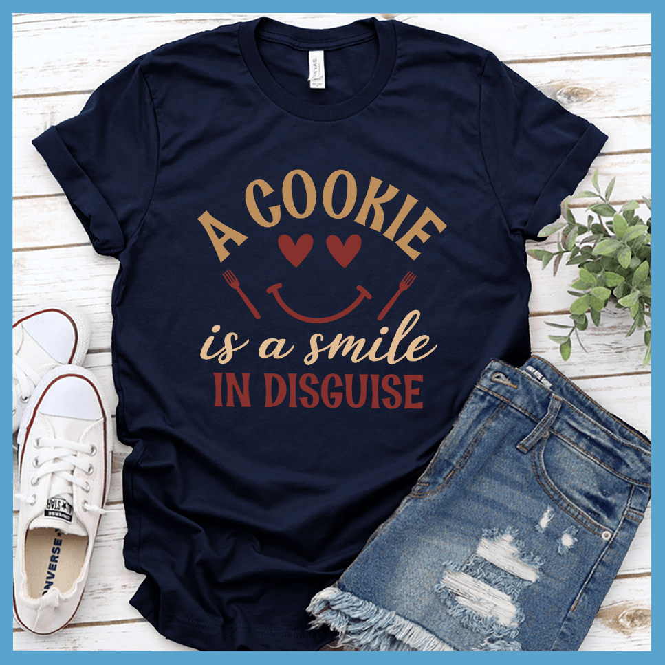 A Cookie Is A Smile In Disguise T-Shirt Colored Edition Solid Navy Blend - Cheerful t-shirt with quote about cookies and happiness, ideal for bakers and style enthusiasts.